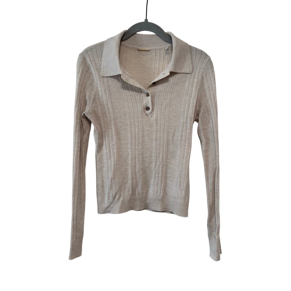 Elie Tahari Women’s Ribbed Knit Collared Polo Sweater Beige Long Sleeve Stretch - Picture 2 of 9
